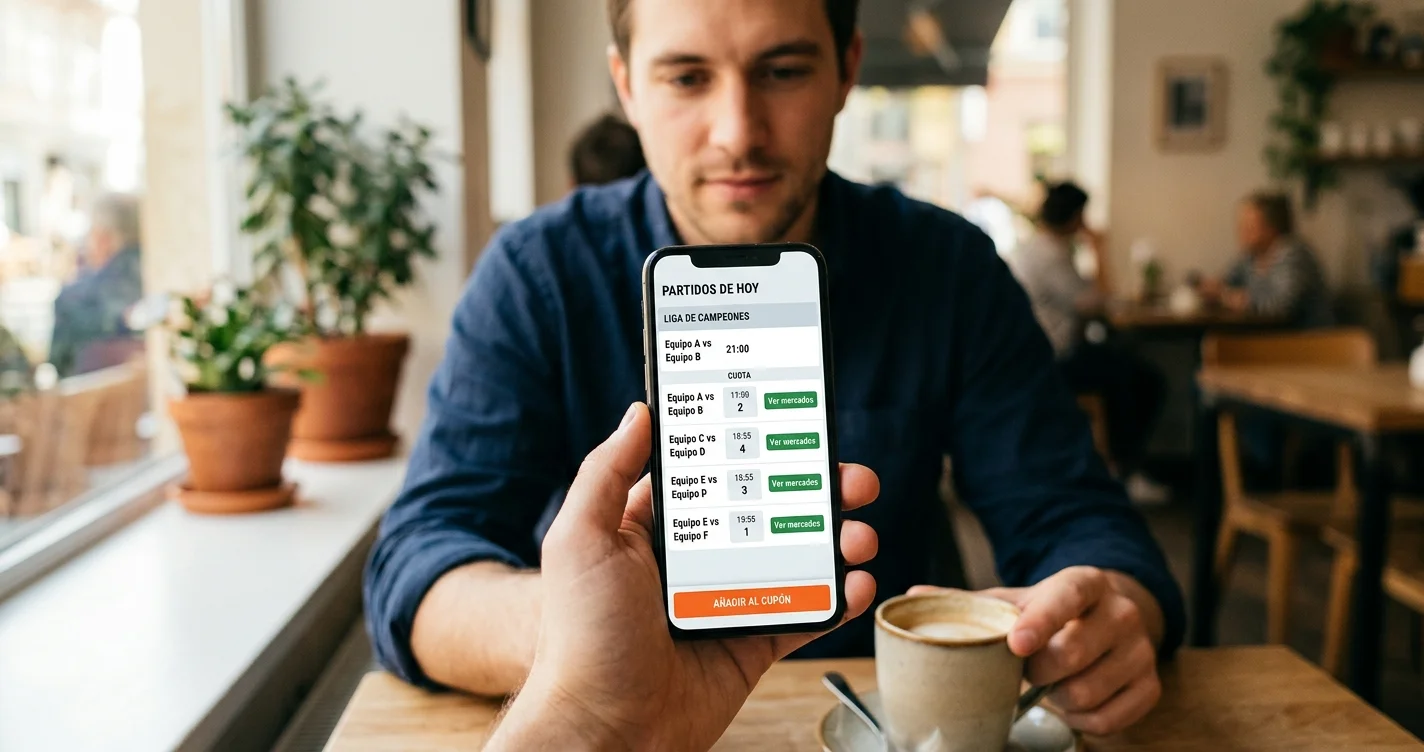 Aficionado consultando cuotas de Champions League en su teléfono móvil antes del partido del día