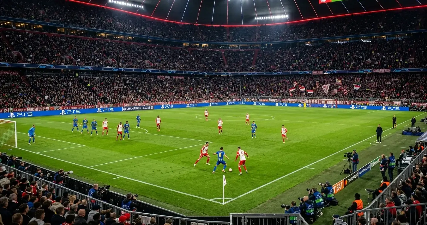Fase de liga Champions League, jugadores de fútbol en césped con 36 equipos