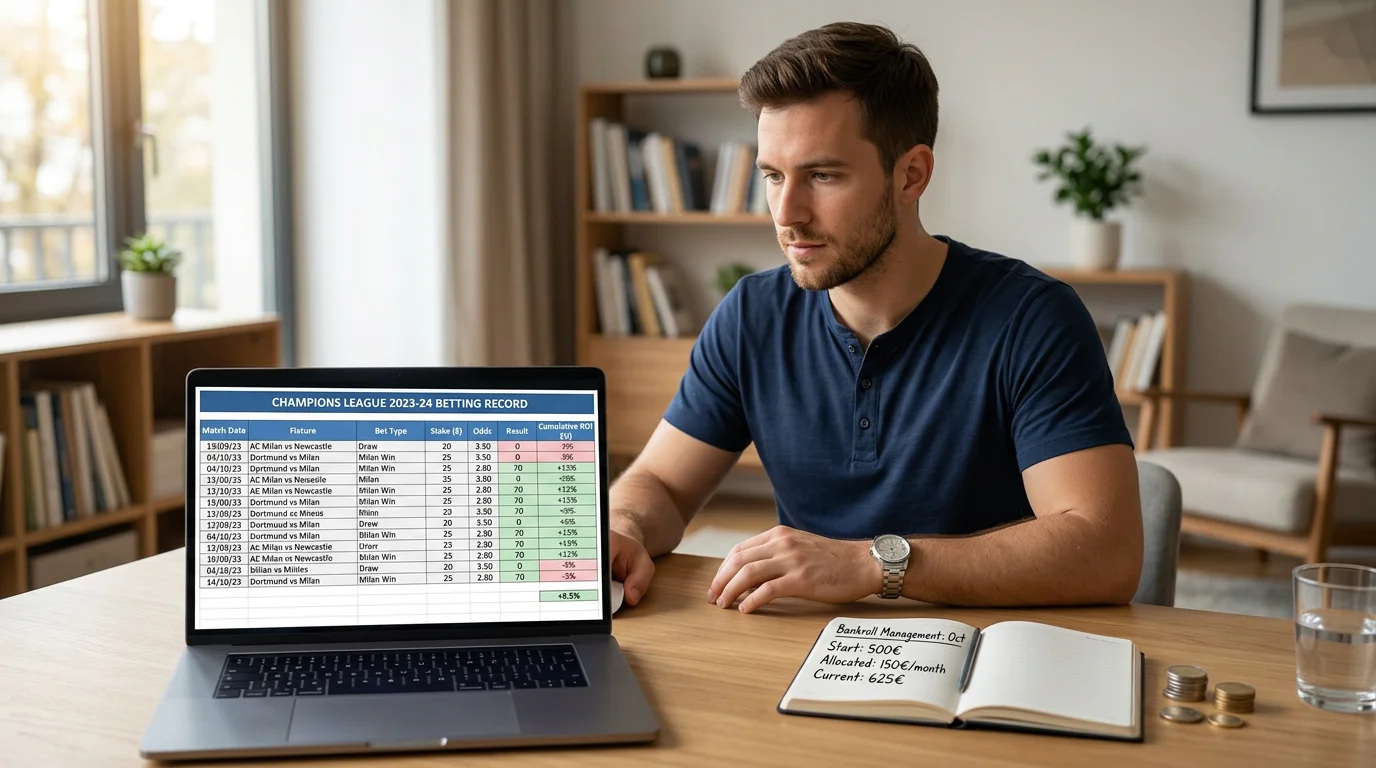 Apostador analizando estrategia de bankroll para toda la temporada de Champions League