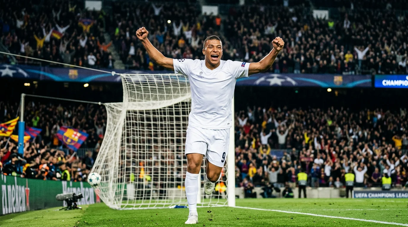 Delantero celebrando un gol en un partido de Champions League ante miles de aficionados en el estadio