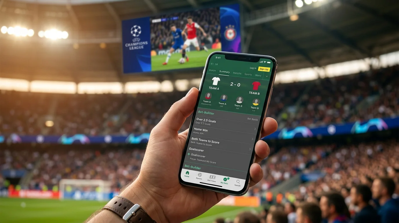 Bet builder Champions League, teléfono móvil con app de apuestas UCL en partido de fútbol