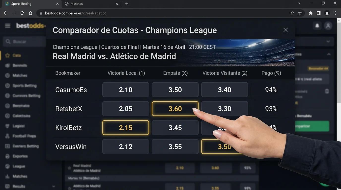 Pantallá de ordenador mostrando comparador de cuotas de varios operadores para un partido de Champions League