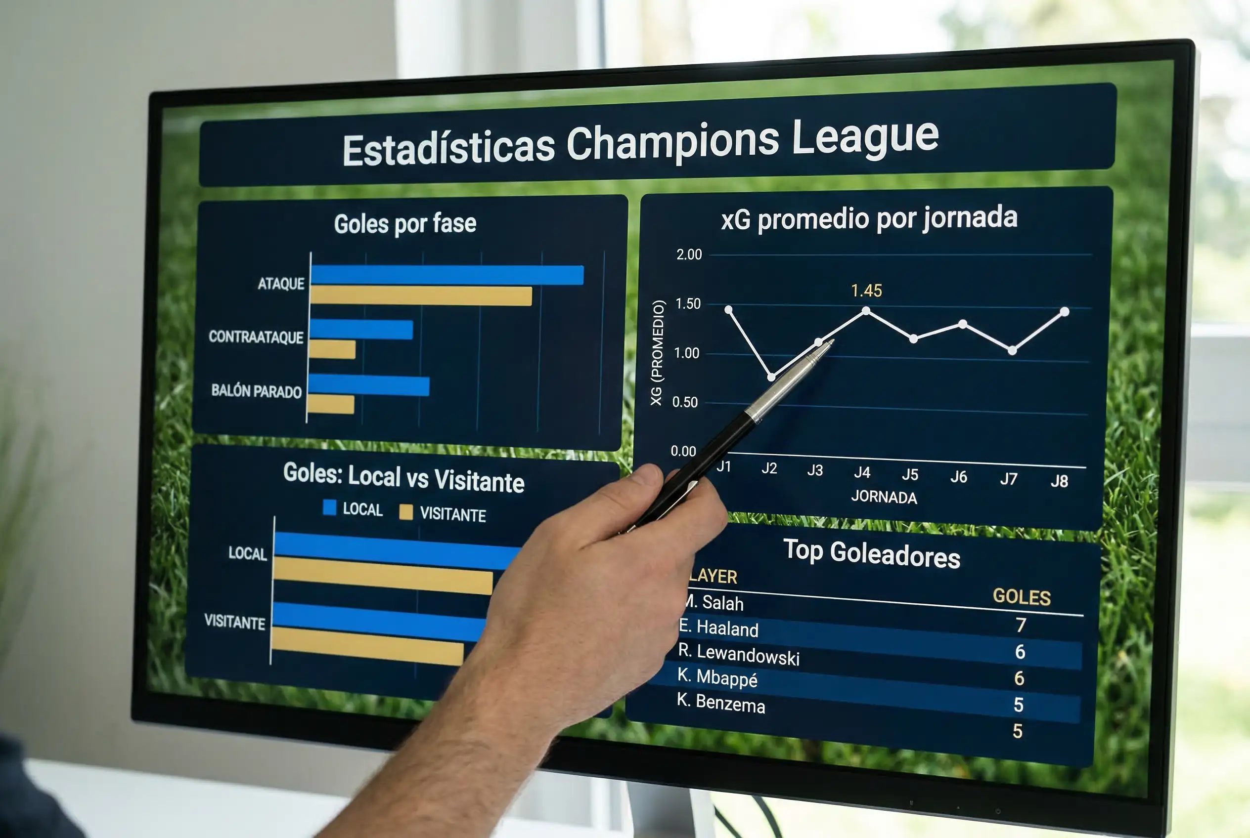 Pantallá con estadísticas y datos históricos de partidos de Champions League para análisis de apuestas