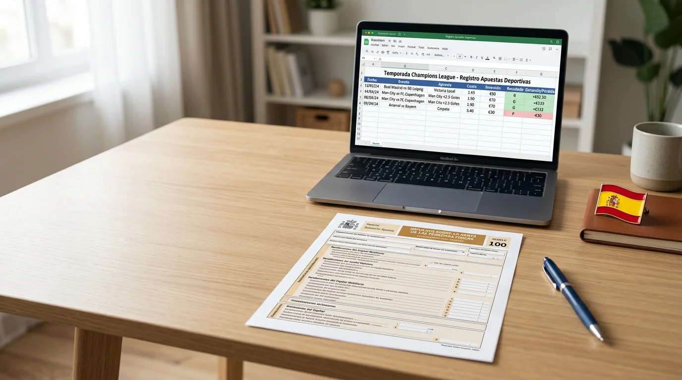 Formulario de declaración de IRPF en España junto a documentación de apuestas deportivas online