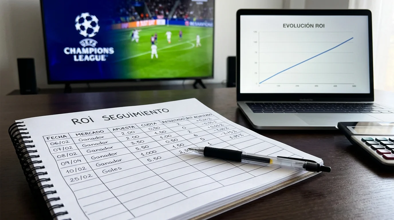 Hoja de registro de apuestas con cálculo de ROI y porcentaje de rentabilidad en Champions League