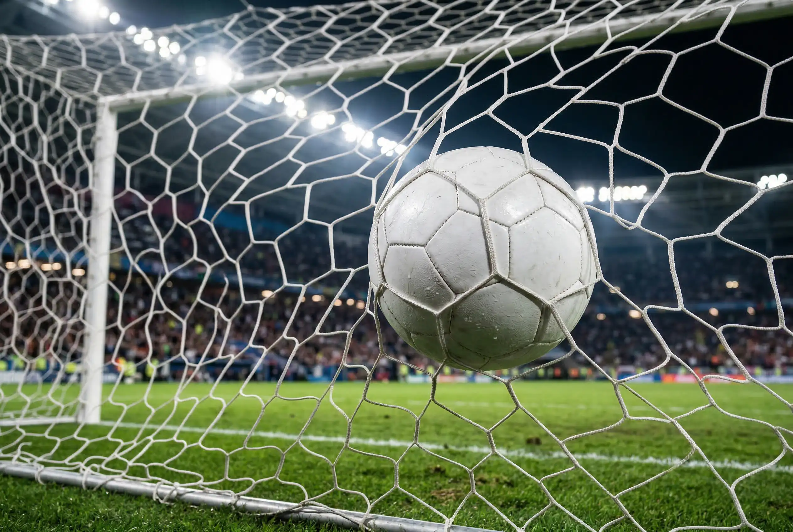 Total goles Champions League over under UCL, balón en red de portería de fútbol